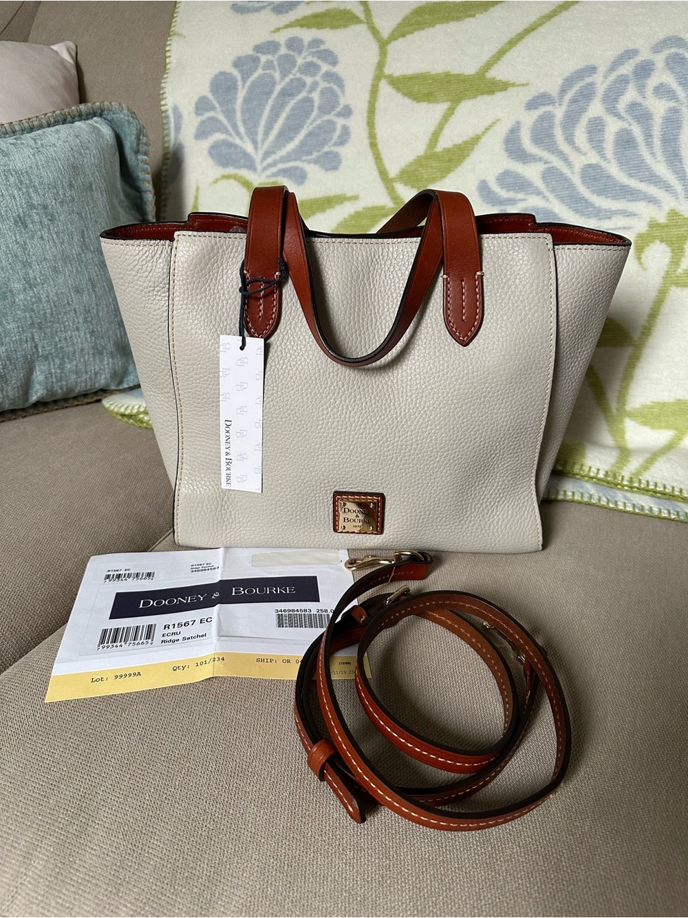 Dooney & Bourke Ecru Pebble Leather Tote with Brown Trim